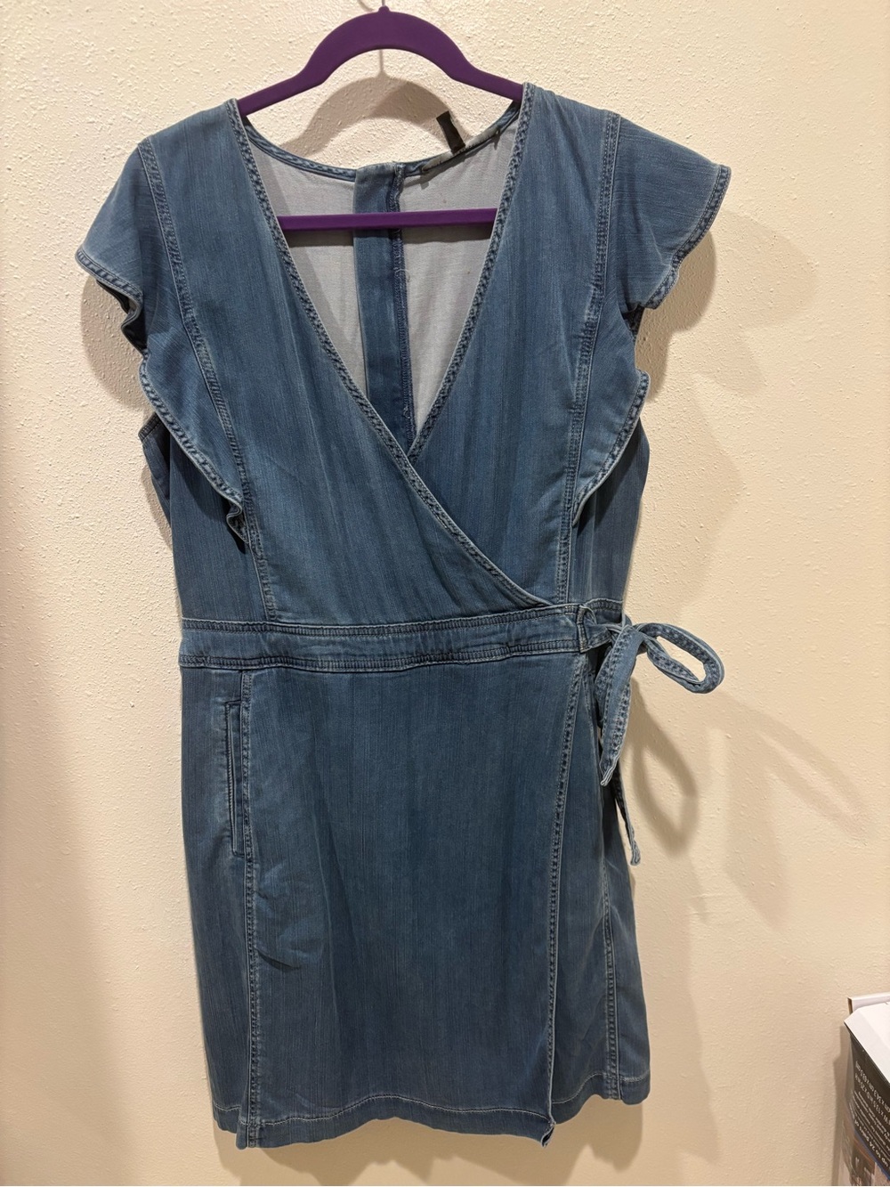 White House Black Market Pale Blue Denim faux wrap dress